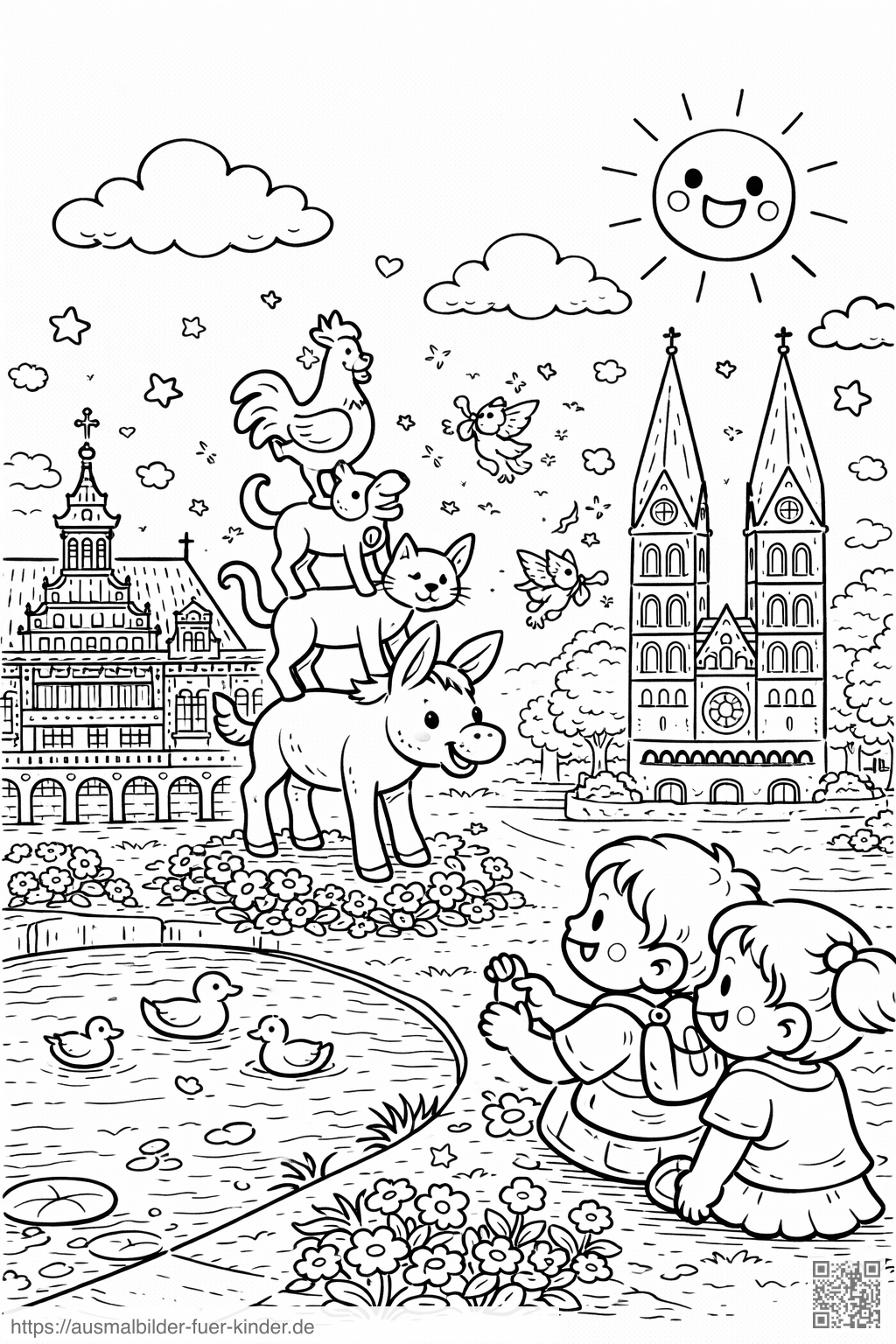 Die Bremer Stadtmusikanten im Märchenland - Ausmalbild