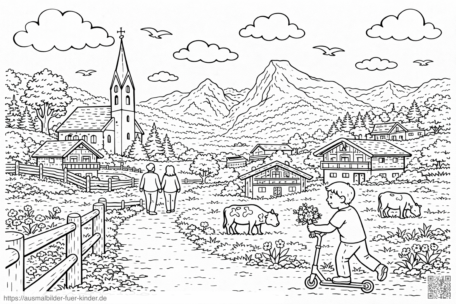 Deutschland: Dorf im Berchtesgadener Land mit Alpen - Ausmalbild