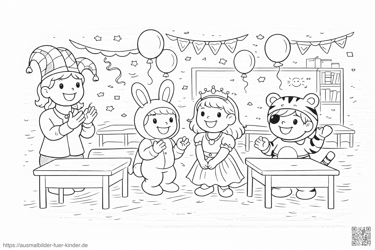 Faschingsfeier im Klassenzimmer - Ausmalbild