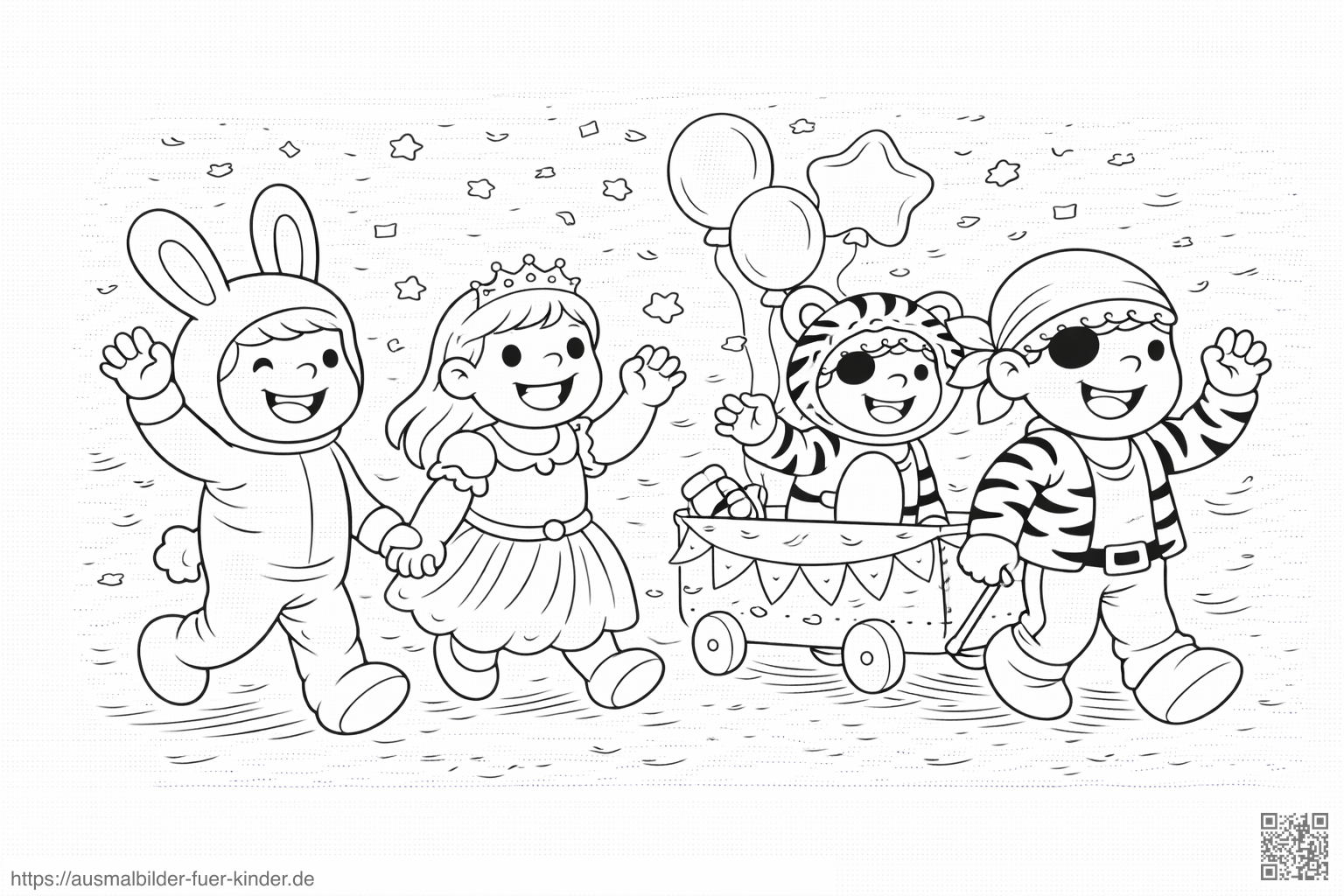 Faschingzug mit fröhlichen Kostümen - Ausmalbild