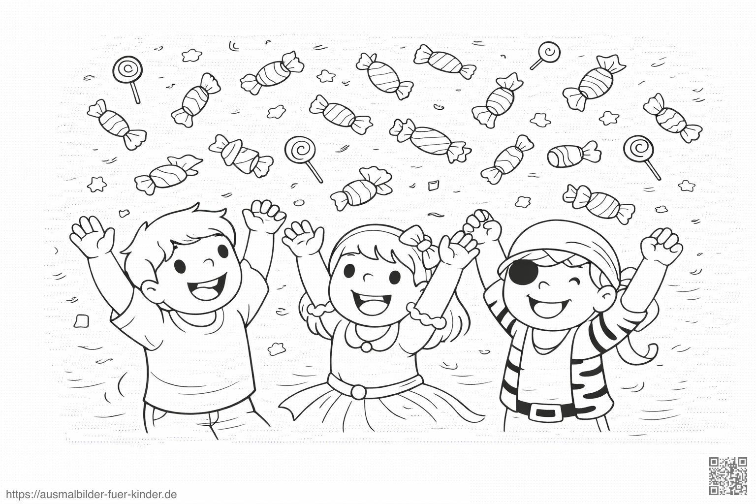Kinder mit Süßigkeitenregen - Ausmalbild