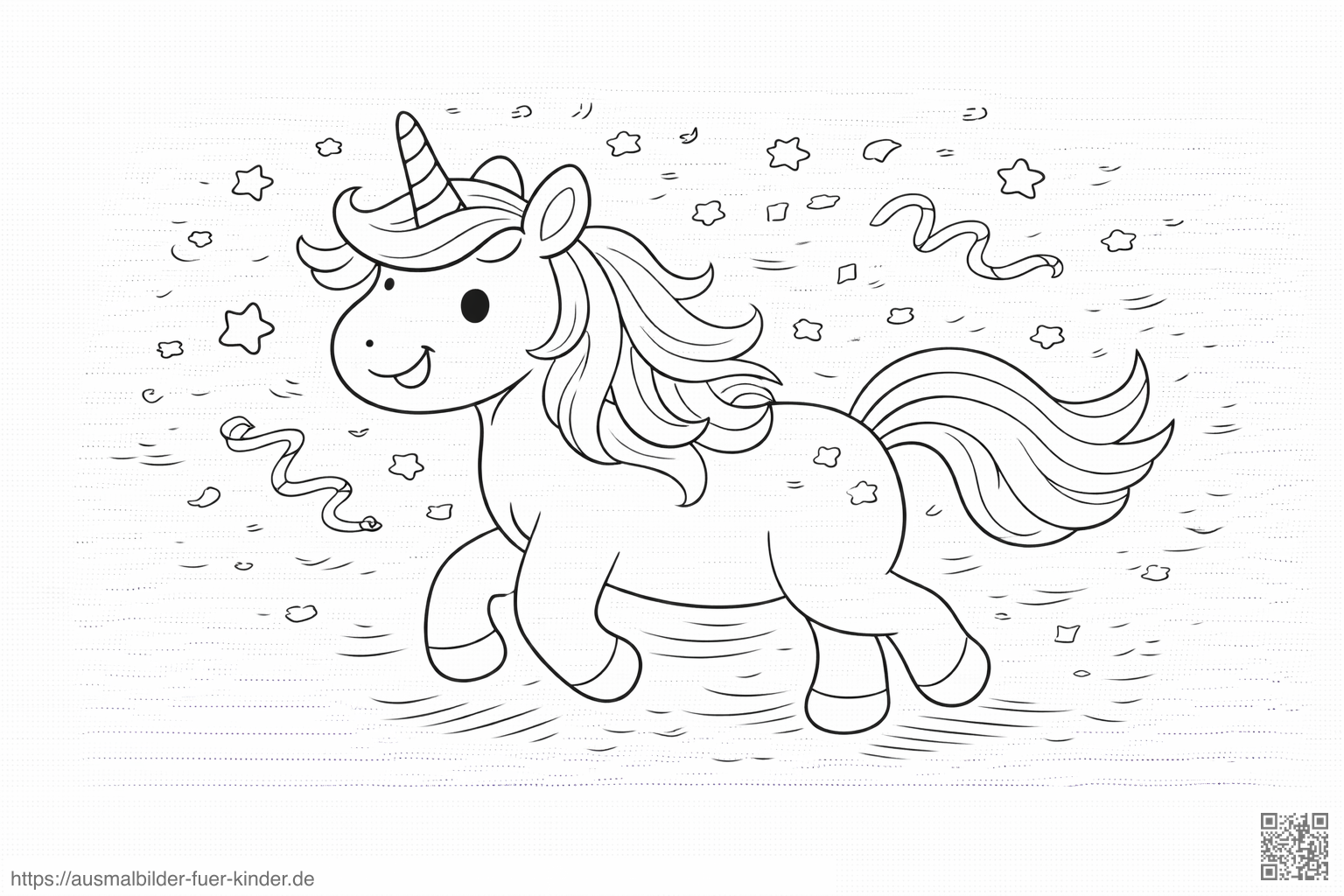 Lustiger Einhorn mit Konfetti - Ausmalbild