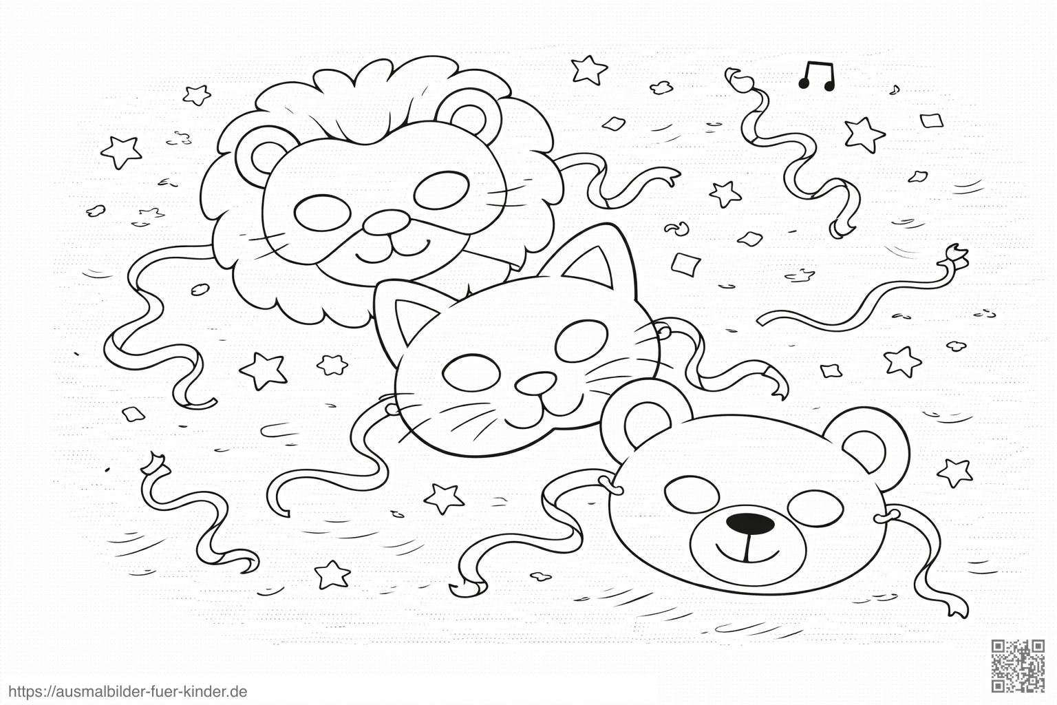 Tiermasken mit fließenden Bändern - Ausmalbild