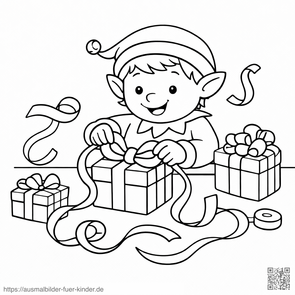 Fröhlicher Elf Bindet Geschenke Zusammen - Ausmalbild