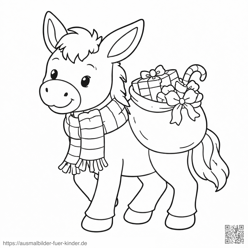 Fröhlicher Esel Mit Geschenkesack - Ausmalbild
