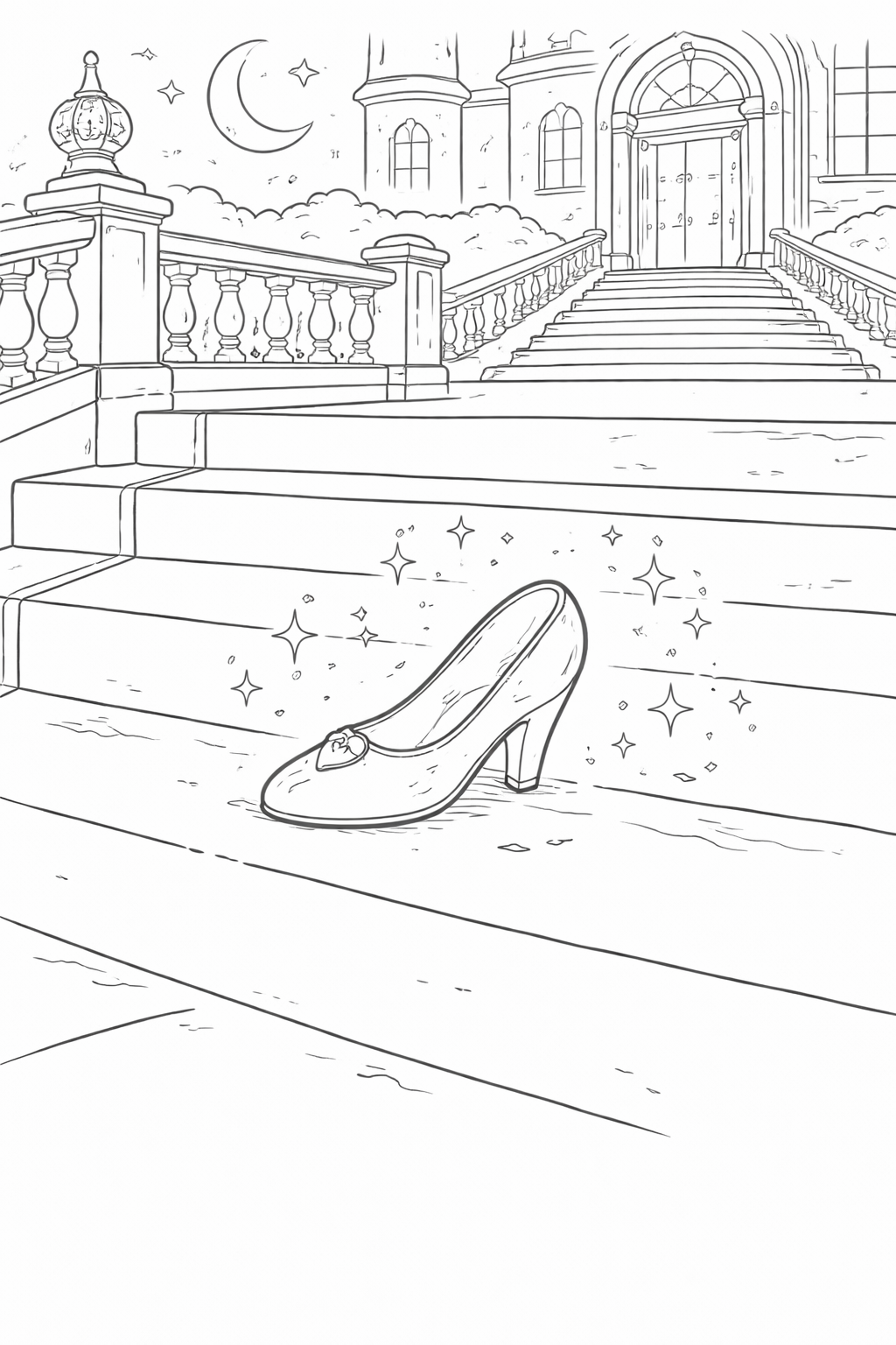 Glasenschuh auf einer Treppe nachts - Ausmalbild