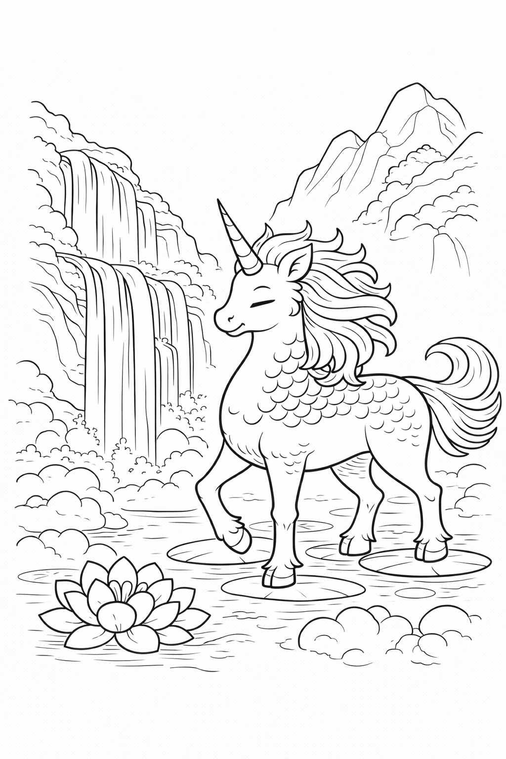 Kirin Vor Wasserfall Im Nebel - Ausmalbild