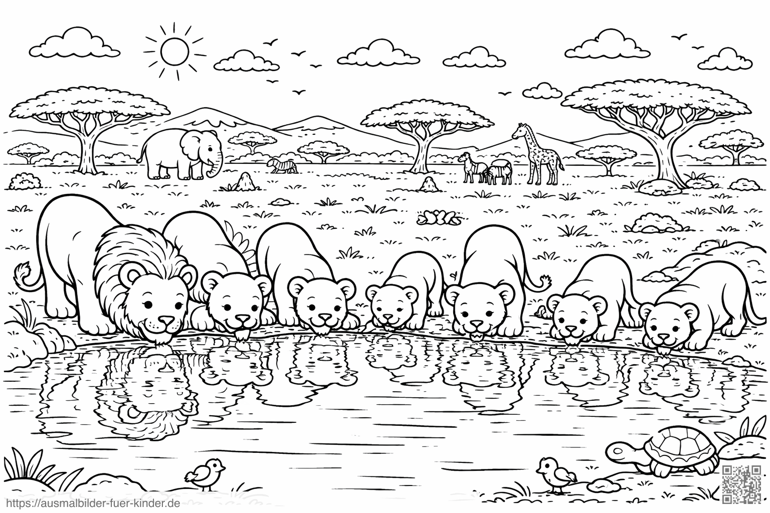 Löwenfamilie am Wasserloch - Ausmalbild