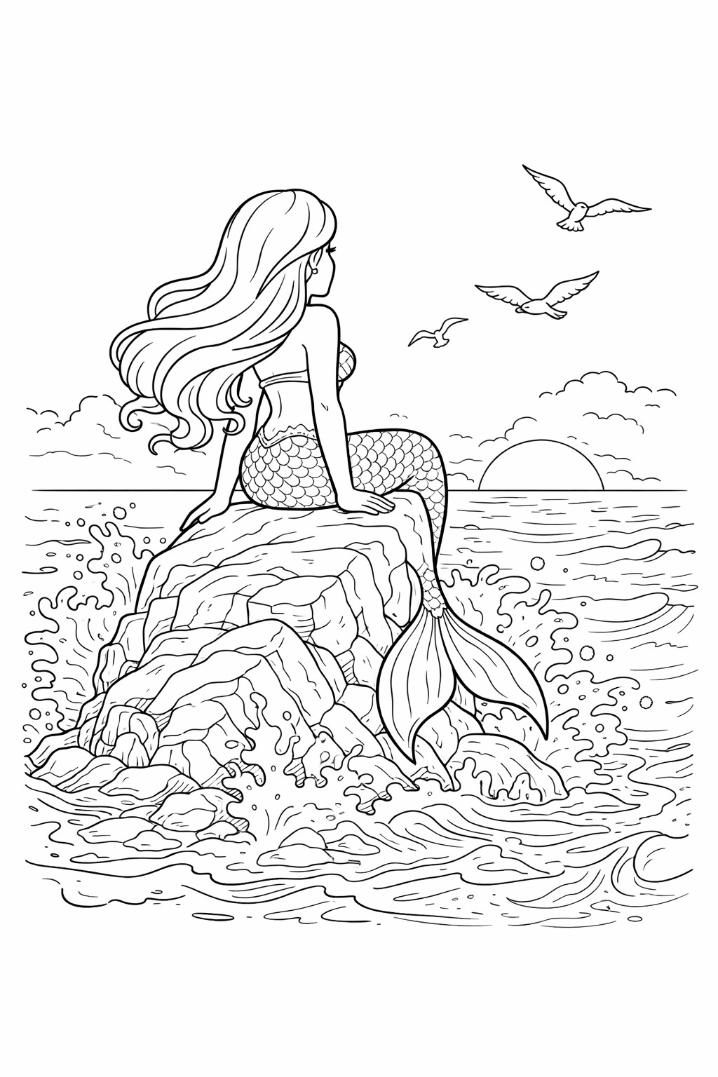Meerjungfrau im Sonnenuntergang - Ausmalbild