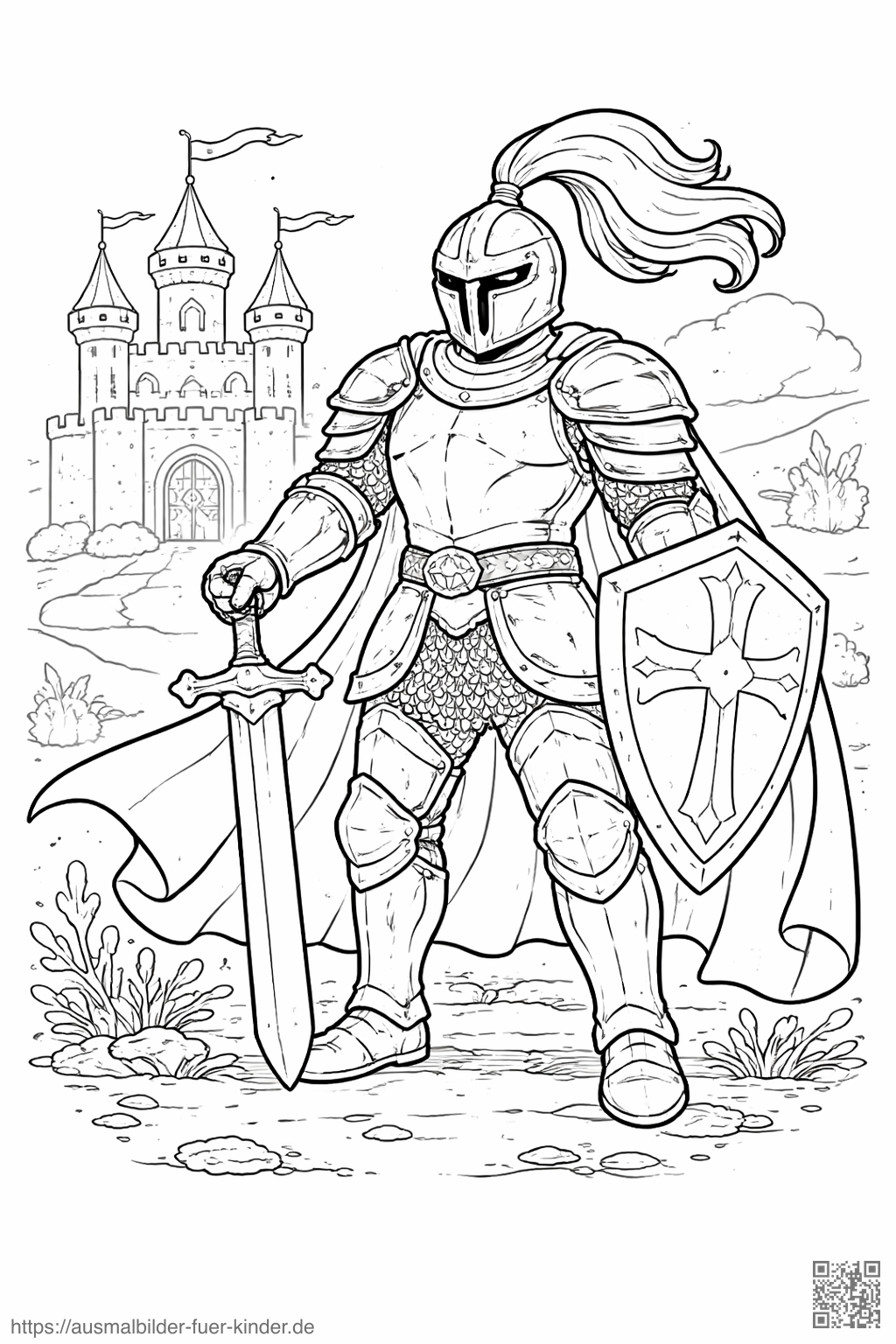 Ritter vor Burg - Ausmalbild