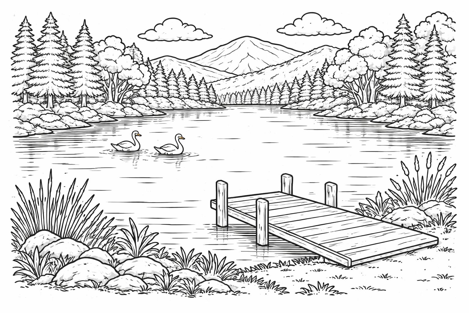 Ruhiger See mit Schwänen - Ausmalbild