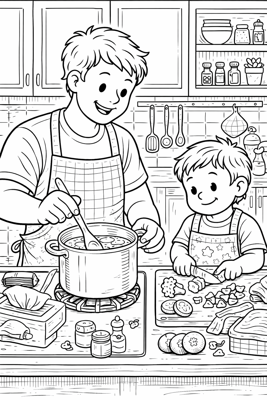 Vater und Kind beim Kochen - Ausmalbild