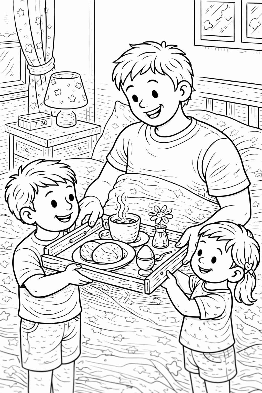 Vater und Kinder zum Frühstück - Ausmalbild