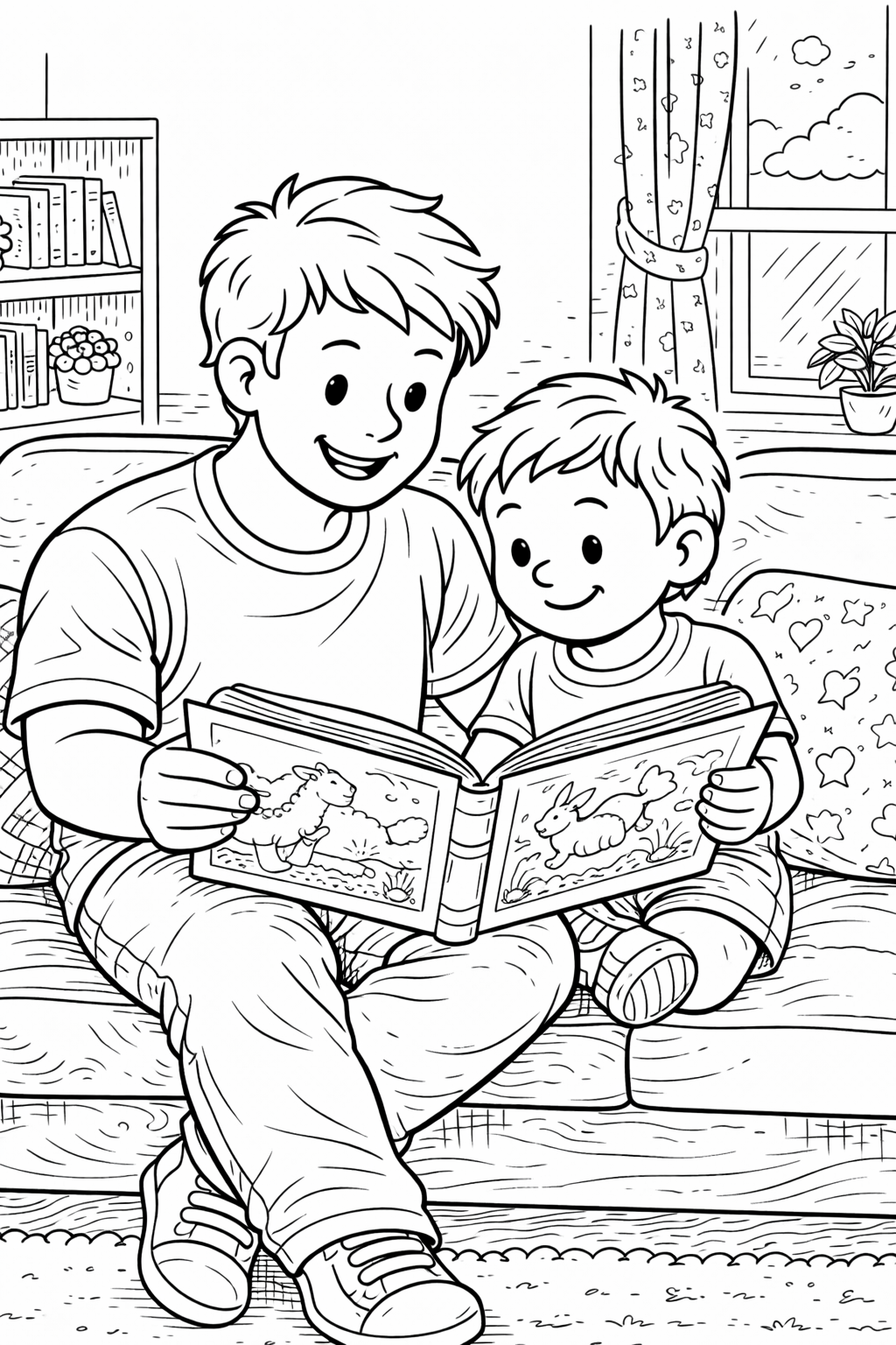Vater und Sohn beim Lesen zusammen - Ausmalbild