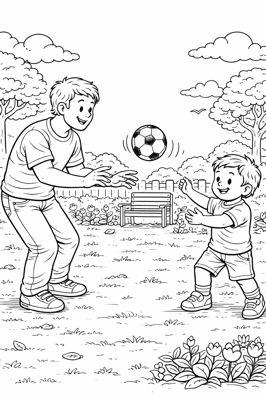 Vater und Sohn im Park - Ausmalbild