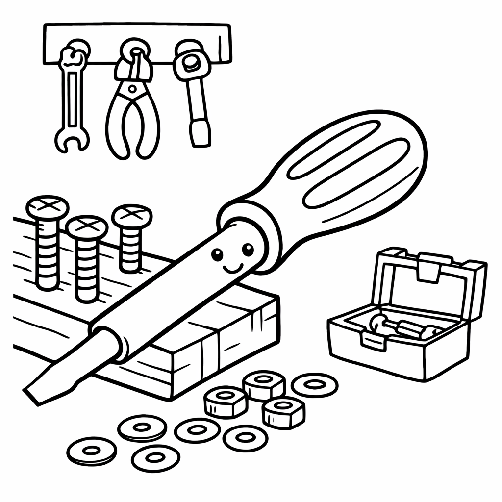Werkstatt mit Schraubenzieher - Ausmalbild